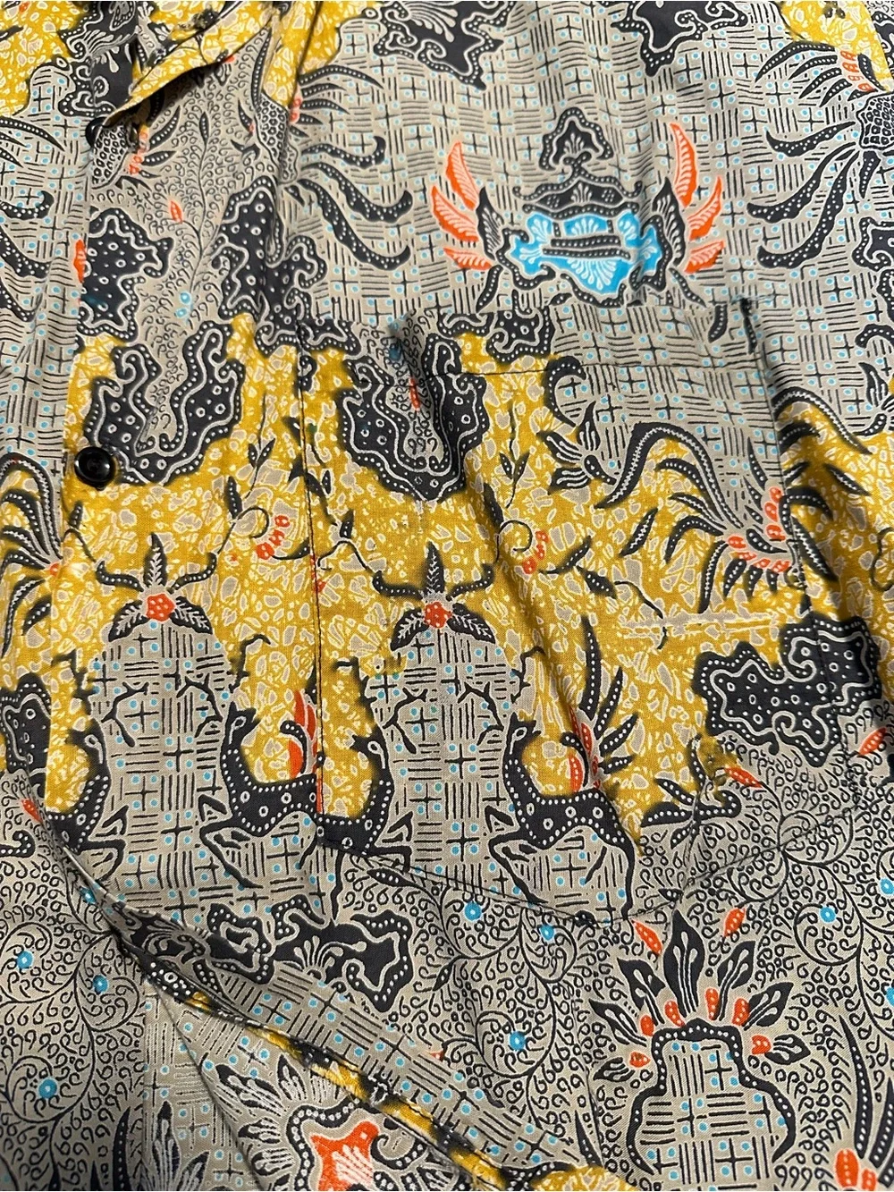 Vintage Multicolor Batik 40s 50s Short Sleeve Polo - Yellow, Gray, Blue Accents